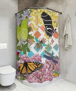 Butterfly Garden Shower Curtain, Botanical and Lush Greenery Bathroom Decor
