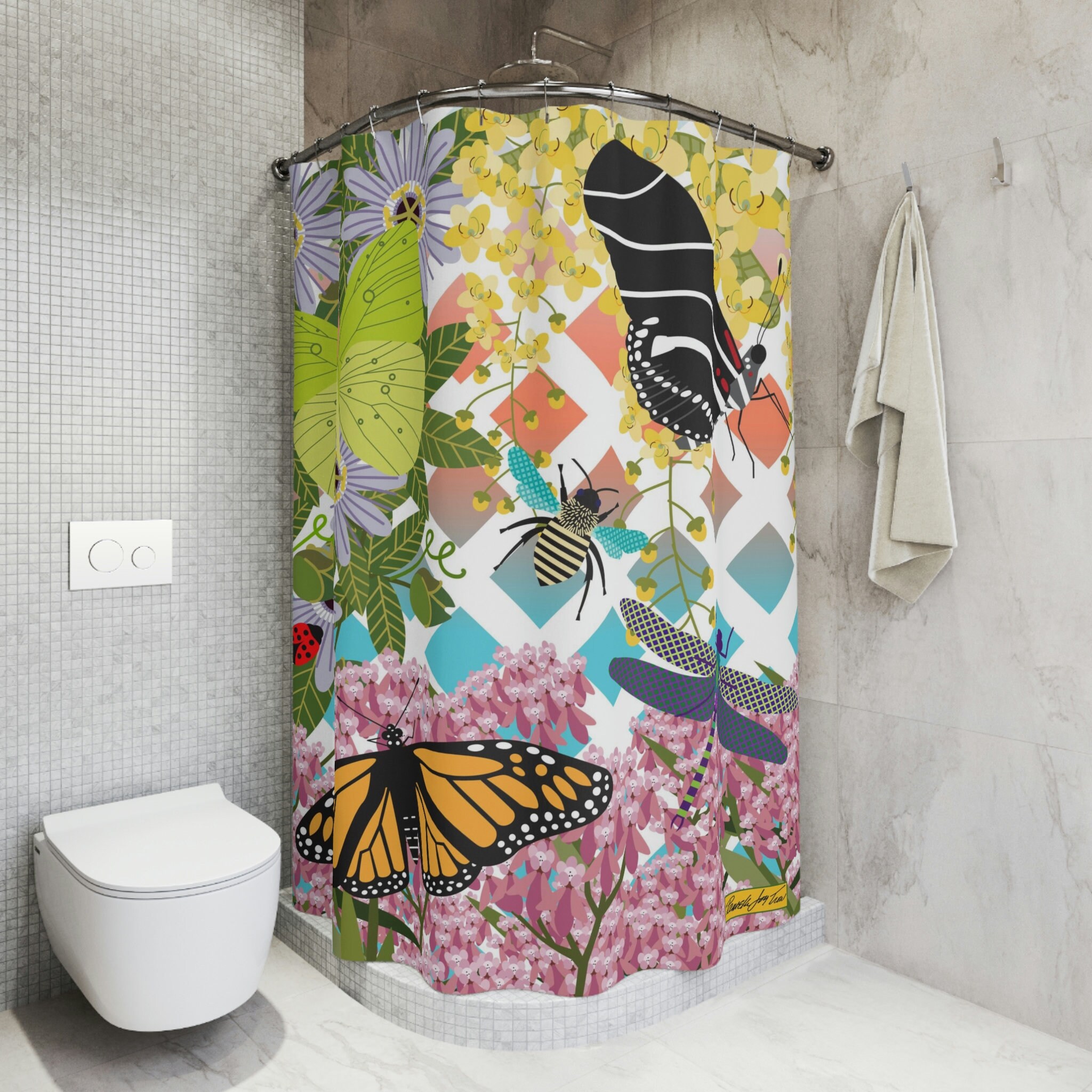 Butterfly Garden Shower Curtain, Botanical and Lush Greenery Bathroom Decor