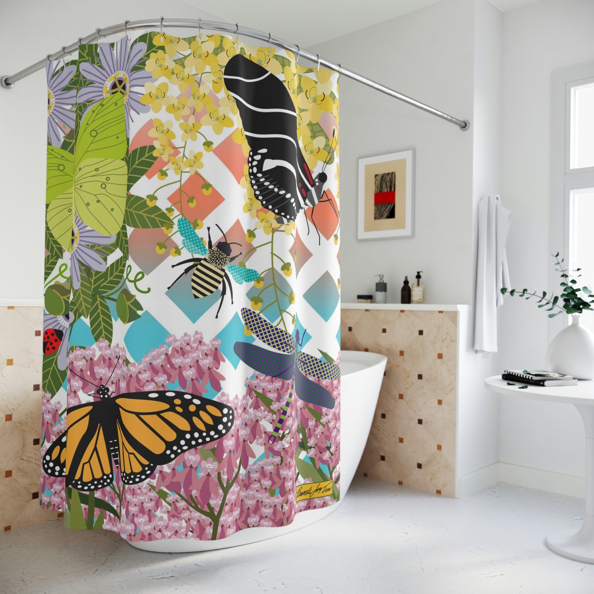 Butterfly Garden Shower Curtain, Botanical and Lush Greenery Bathroom Decor