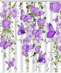 Butterfly Garden Shower Curtain, Rustic Watercolor Floral Vine Spring Nature Home Bathroom Decor,