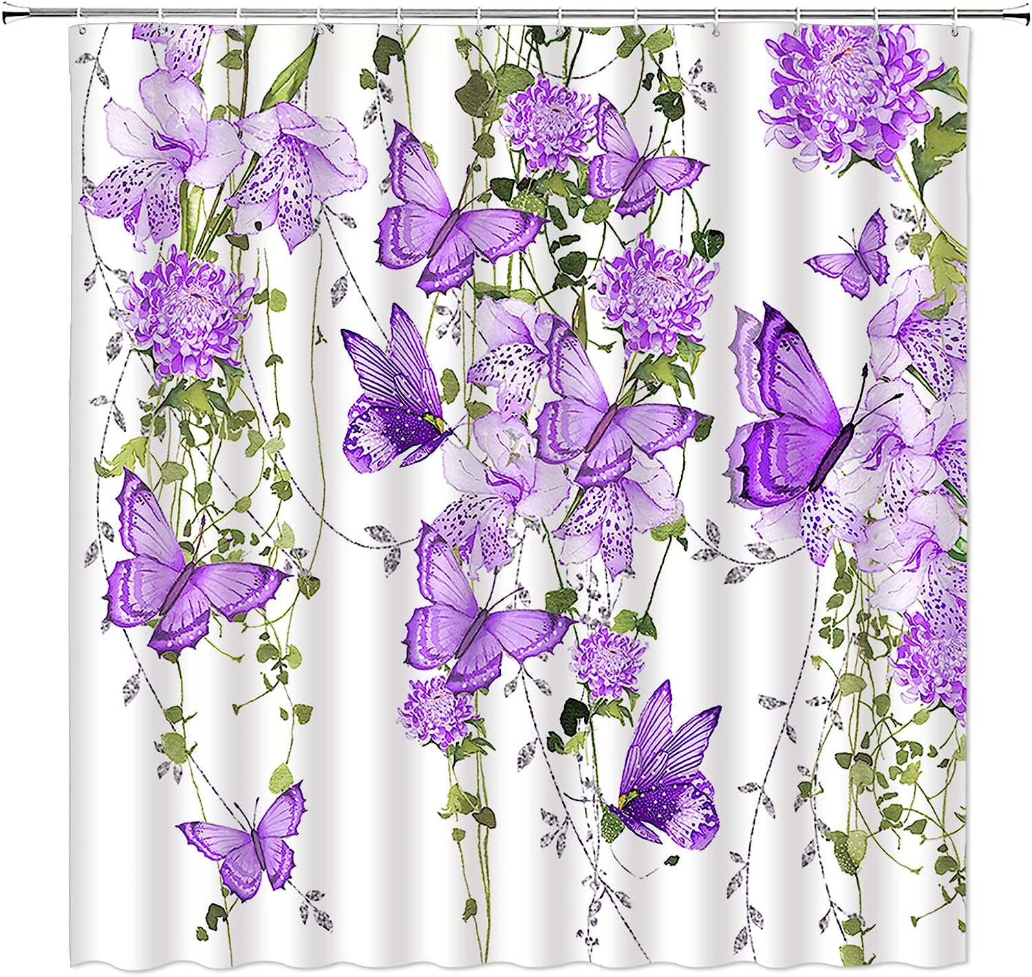 Butterfly Garden Shower Curtain, Rustic Watercolor Floral Vine Spring Nature Home Bathroom Decor,