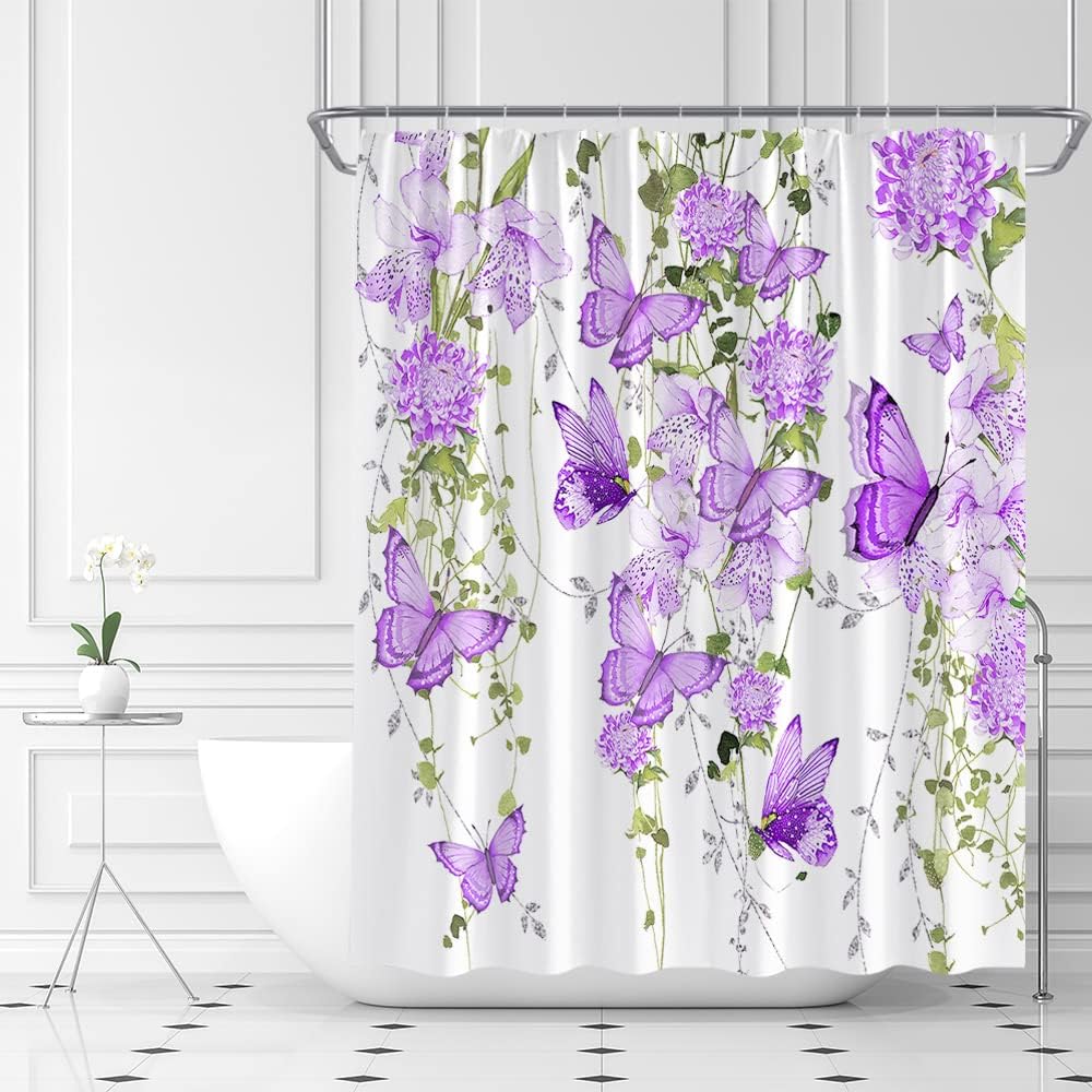 Butterfly Garden Shower Curtain, Rustic Watercolor Floral Vine Spring Nature Home Bathroom Decor, - Image 2