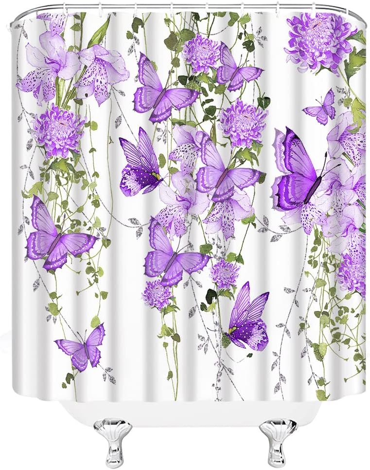 Butterfly Garden Shower Curtain, Rustic Watercolor Floral Vine Spring Nature Home Bathroom Decor, - Image 3