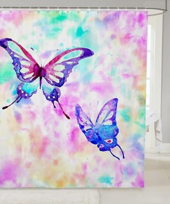 Butterfly Gradient Ombre Rainbow Shower Curtain Set with Watercolor Tie Dye Design for Romantic Pastel Batik Bathroom