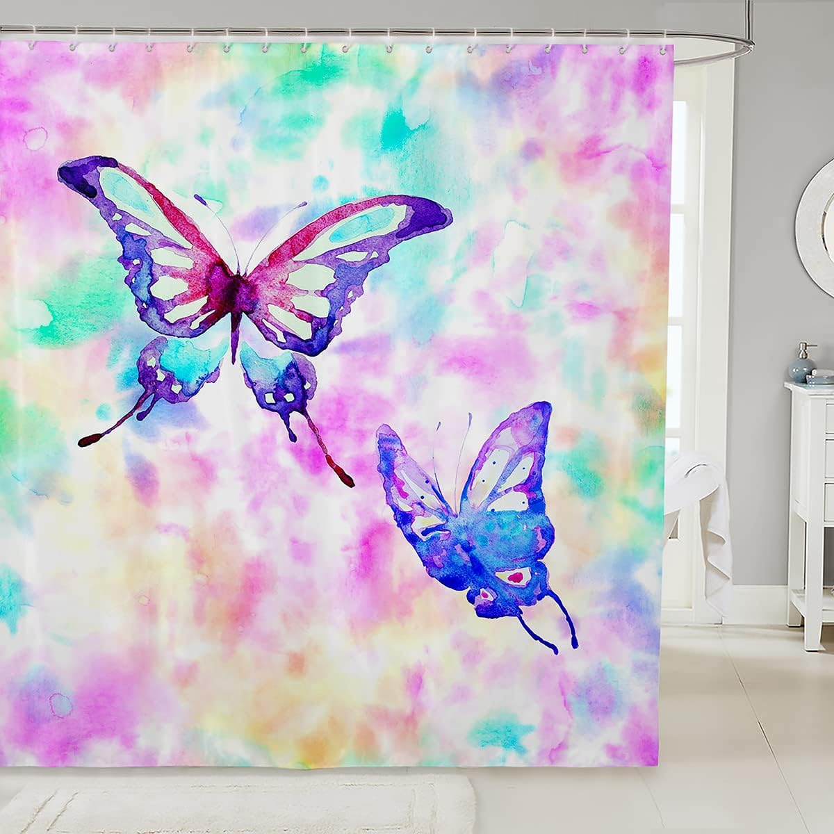 Butterfly Gradient Ombre Rainbow Shower Curtain Set with Watercolor Tie Dye Design for Romantic Pastel Batik Bathroom