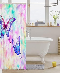 Butterfly Gradient Ombre Rainbow Shower Curtain Set with Watercolor Tie Dye Design for Romantic Pastel Batik Bathroom
