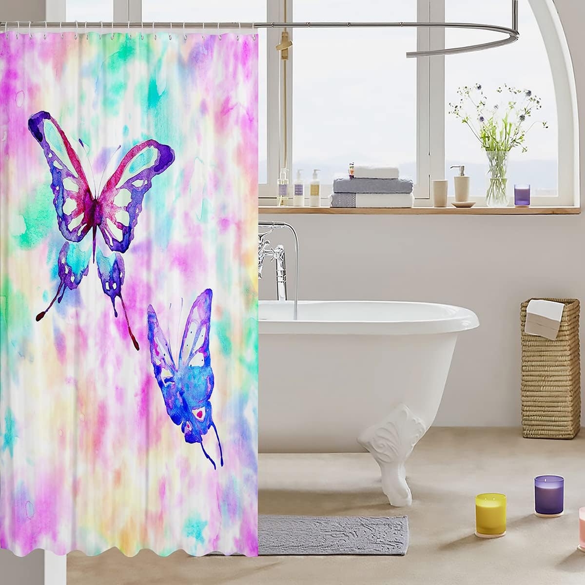 Butterfly Gradient Ombre Rainbow Shower Curtain Set with Watercolor Tie Dye Design for Romantic Pastel Batik Bathroom