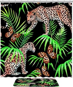 Butterfly Leopard Palm Leaves Shower Curtain, Green Bathroom Decor