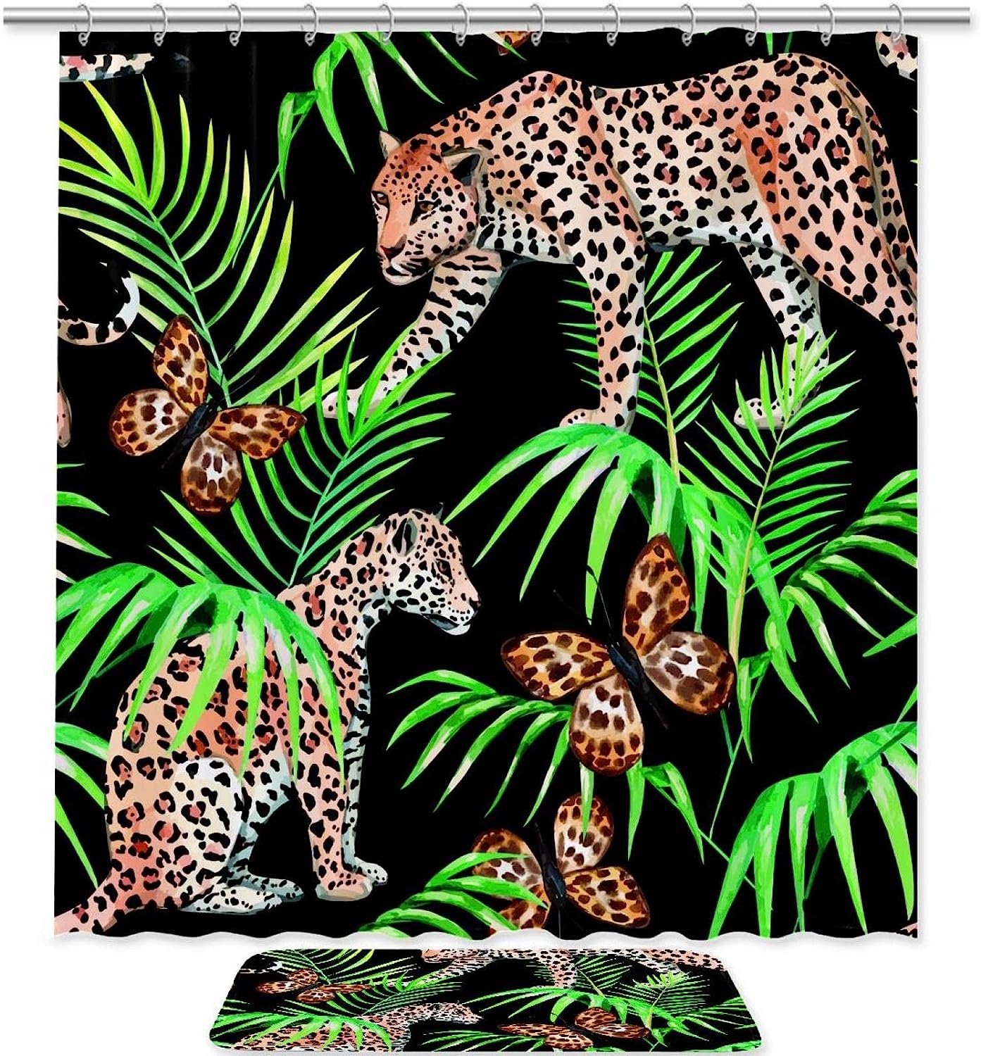 Butterfly Leopard Palm Leaves Shower Curtain, Green Bathroom Decor