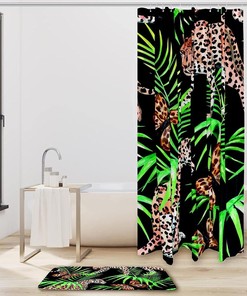 Butterfly Leopard Palm Leaves Shower Curtain, Green Bathroom Decor