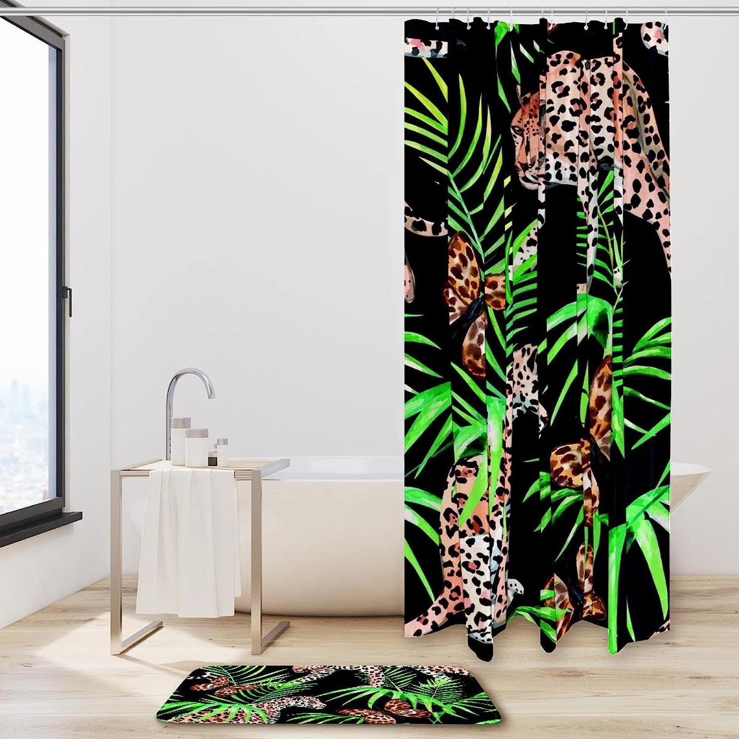 Butterfly Leopard Palm Leaves Shower Curtain, Green Bathroom Decor