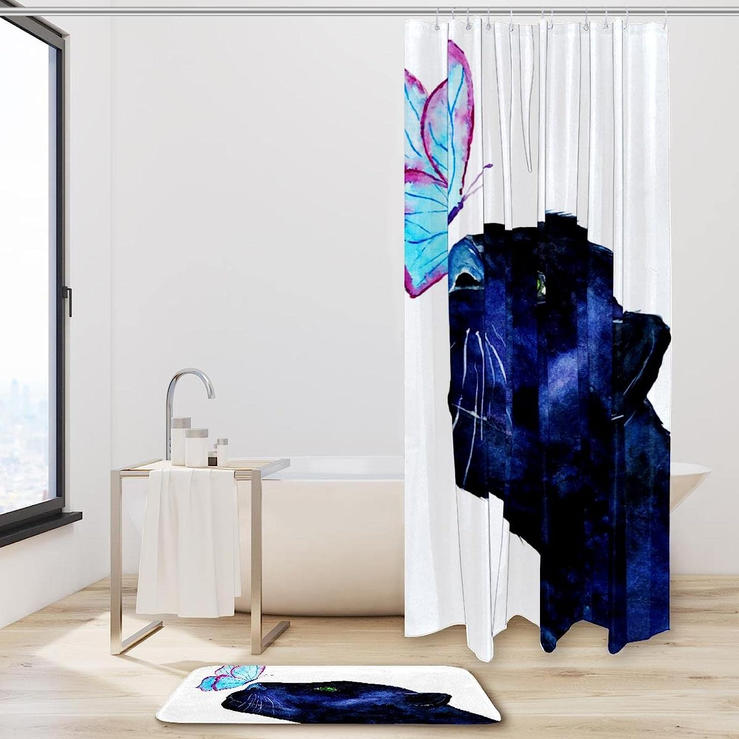 Butterfly & Leopard Shower Curtain, Nature Inspired Bathroom Decor