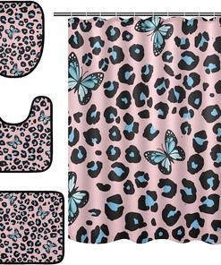 Butterfly Leopard Spot Shower Curtain With Matching Mat For Playful Bathroom Decor