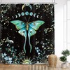 Butterfly Moth Shower Curtain With Teal Moon Phase, Floral Plants And Vintage Aesthetic Design