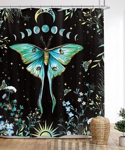 Butterfly Moth Shower Curtain With Teal Moon Phase, Floral Plants And Vintage Aesthetic Design