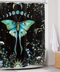 Butterfly Moth Shower Curtain With Teal Moon Phase, Floral Plants And Vintage Aesthetic Design