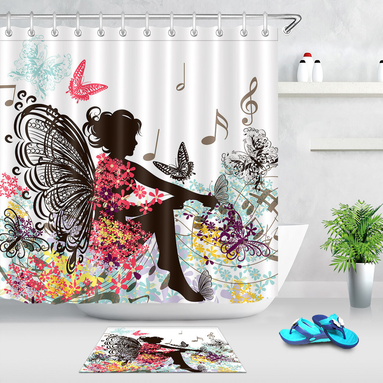 Butterfly Music Floral Shower Curtain, Unique Bathroom Decor - Girly Curtain