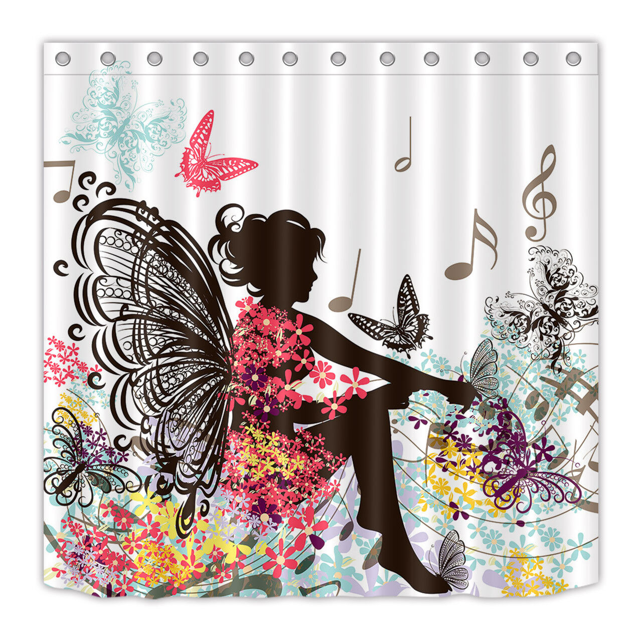 Butterfly Music Floral Shower Curtain, Unique Bathroom Decor - Girly Curtain