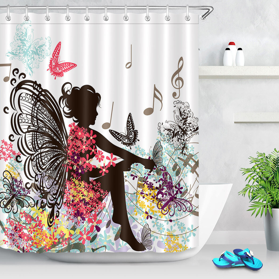 Butterfly Music Floral Shower Curtain, Unique Bathroom Decor - Girly Curtain