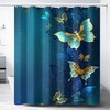 Butterfly On Plant With Floral Decoration Gold And Blue Shower Curtain, Waterproof Fabric For Bathroom Curtains