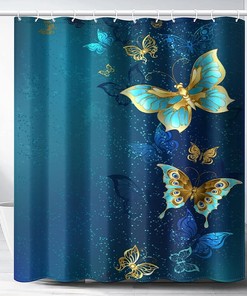Butterfly On Plant With Floral Decoration Gold And Blue Shower Curtain, Waterproof Fabric For Bathroom Curtains