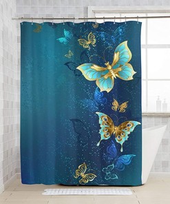 Butterfly On Plant With Floral Decoration Gold And Blue Shower Curtain, Waterproof Fabric For Bathroom Curtains