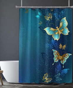 Butterfly On Plant With Floral Decoration Gold And Blue Shower Curtain, Waterproof Fabric For Bathroom Curtains