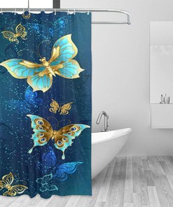 Butterfly On Plant With Floral Decoration Gold And Blue Shower Curtain, Waterproof Fabric For Bathroom Curtains