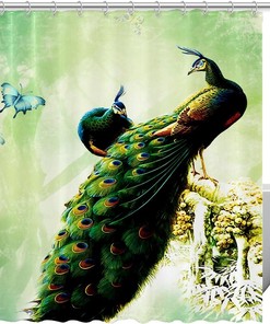 Butterfly Peacock Bird Watercolor Fabric Shower Curtain for Bathroom Decor