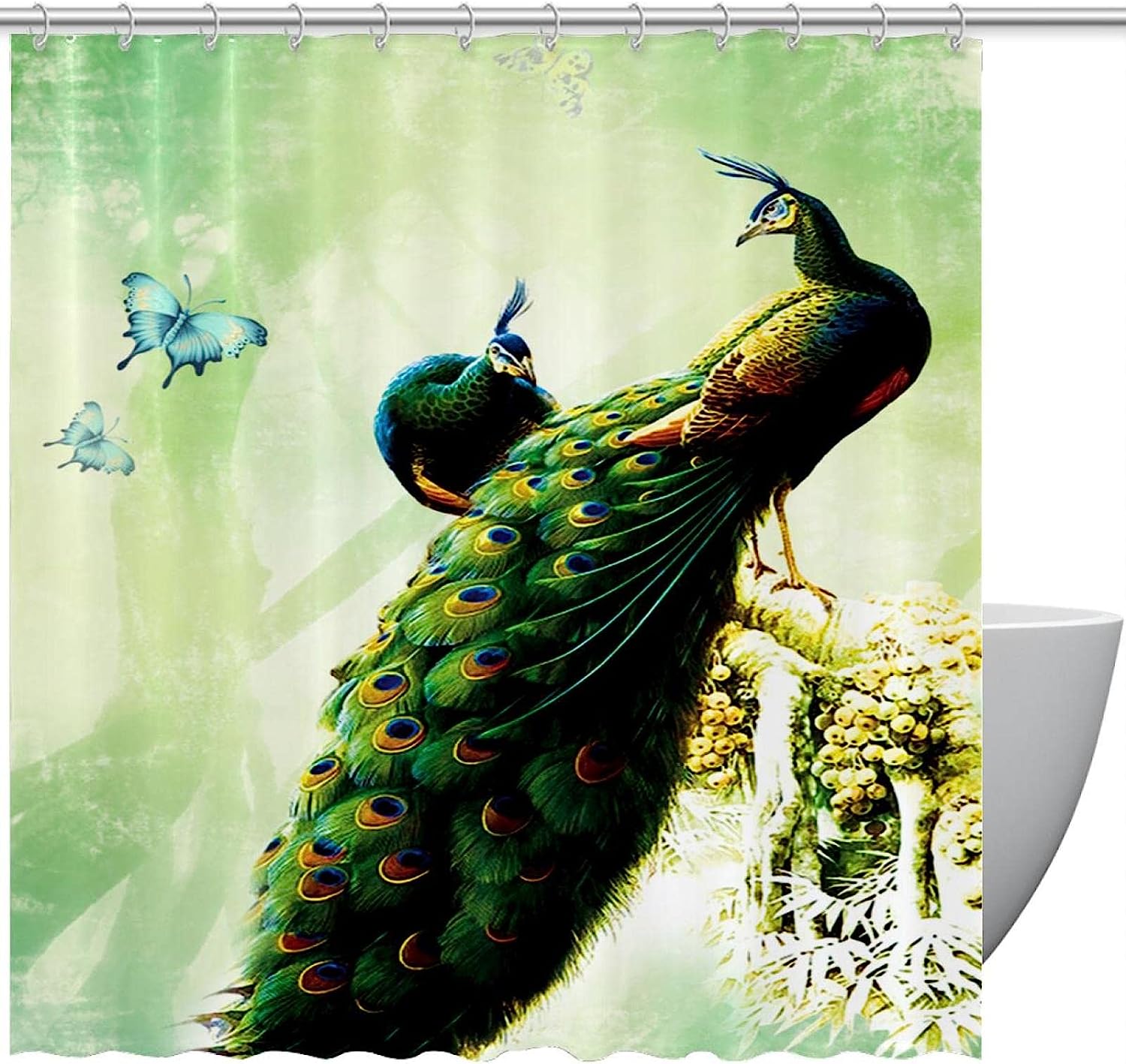 Butterfly Peacock Bird Watercolor Fabric Shower Curtain for Bathroom Decor