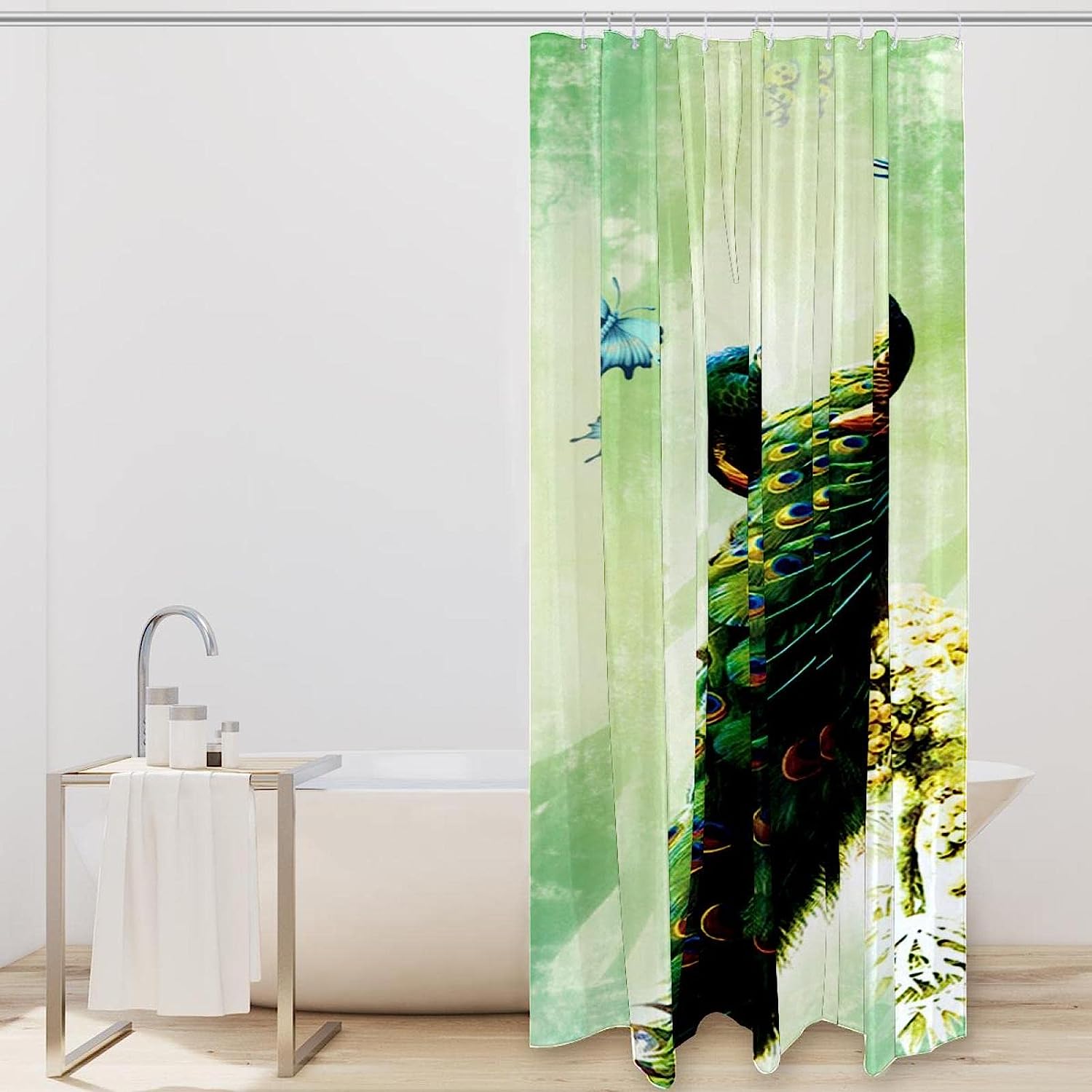 Butterfly Peacock Bird Watercolor Fabric Shower Curtain for Bathroom Decor