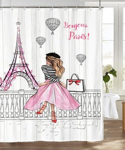 Butterfly Pink Shower Curtain with Paris Eiffel Tower Design, Perfect for Women's Bathroom Decor 