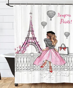 Butterfly Pink Shower Curtain with Paris Eiffel Tower Design, Perfect for Women's Bathroom Decor