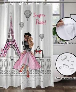 Butterfly Pink Shower Curtain with Paris Eiffel Tower Design, Perfect for Women's Bathroom Decor 