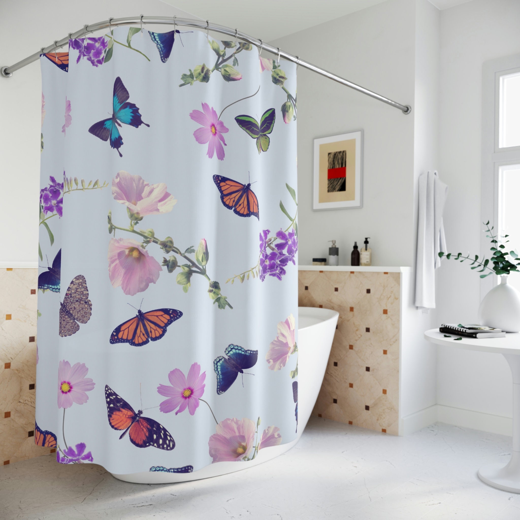 Butterfly Print Shower Curtain for a Nature Lover's Bathroom