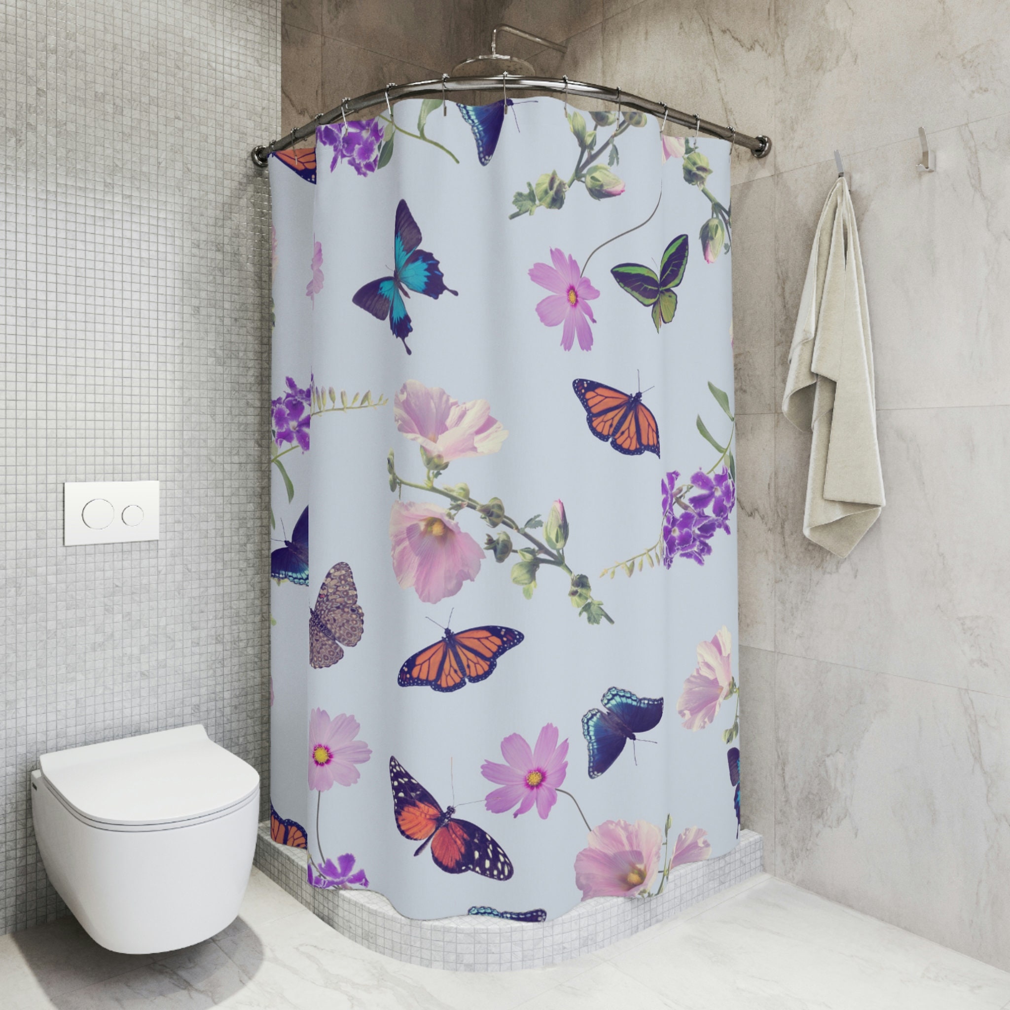 Butterfly Print Shower Curtain for a Nature Lover's Bathroom