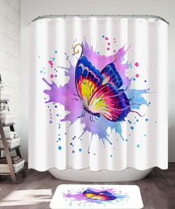 Butterfly Purple Splash Art Painting Shower Curtain Set for Creative Bathroom Decor