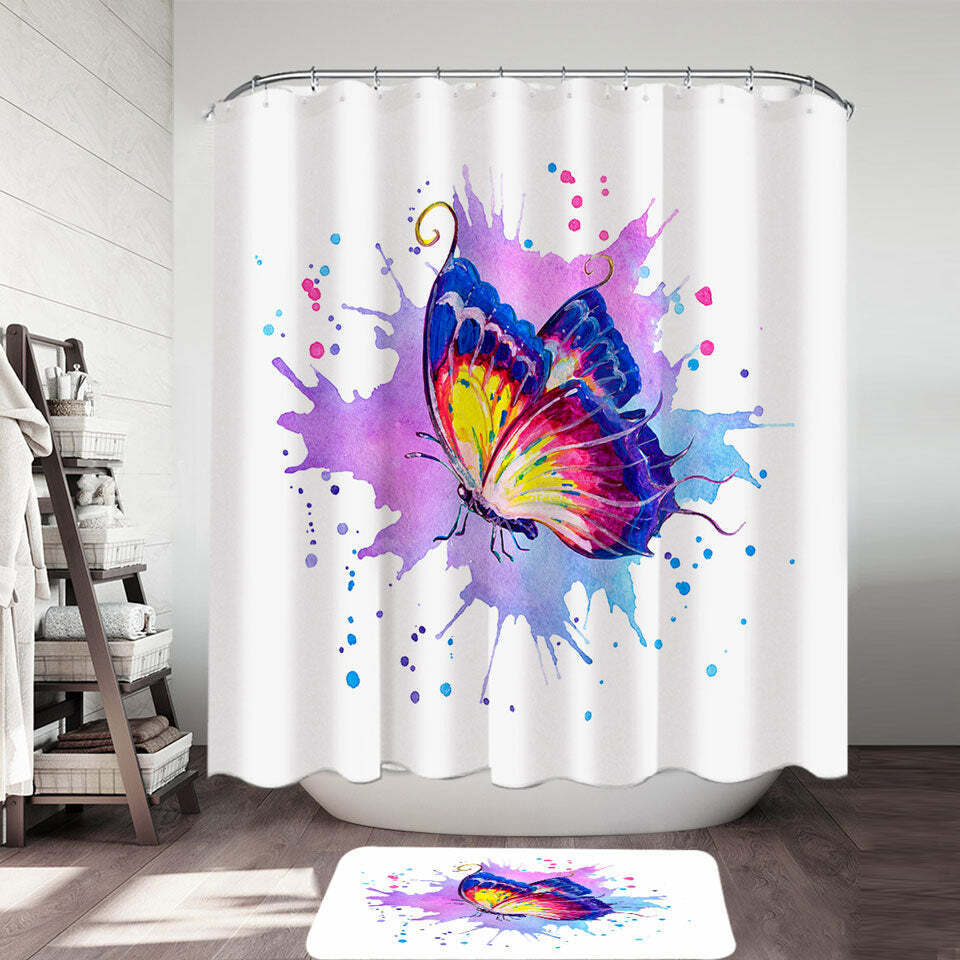 Butterfly Purple Splash Art Painting Shower Curtain Set for Creative Bathroom Decor