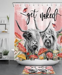 Butterfly Red Mushroom Highland Cow Pink Shower Curtain For Quirky Bathroom Decor