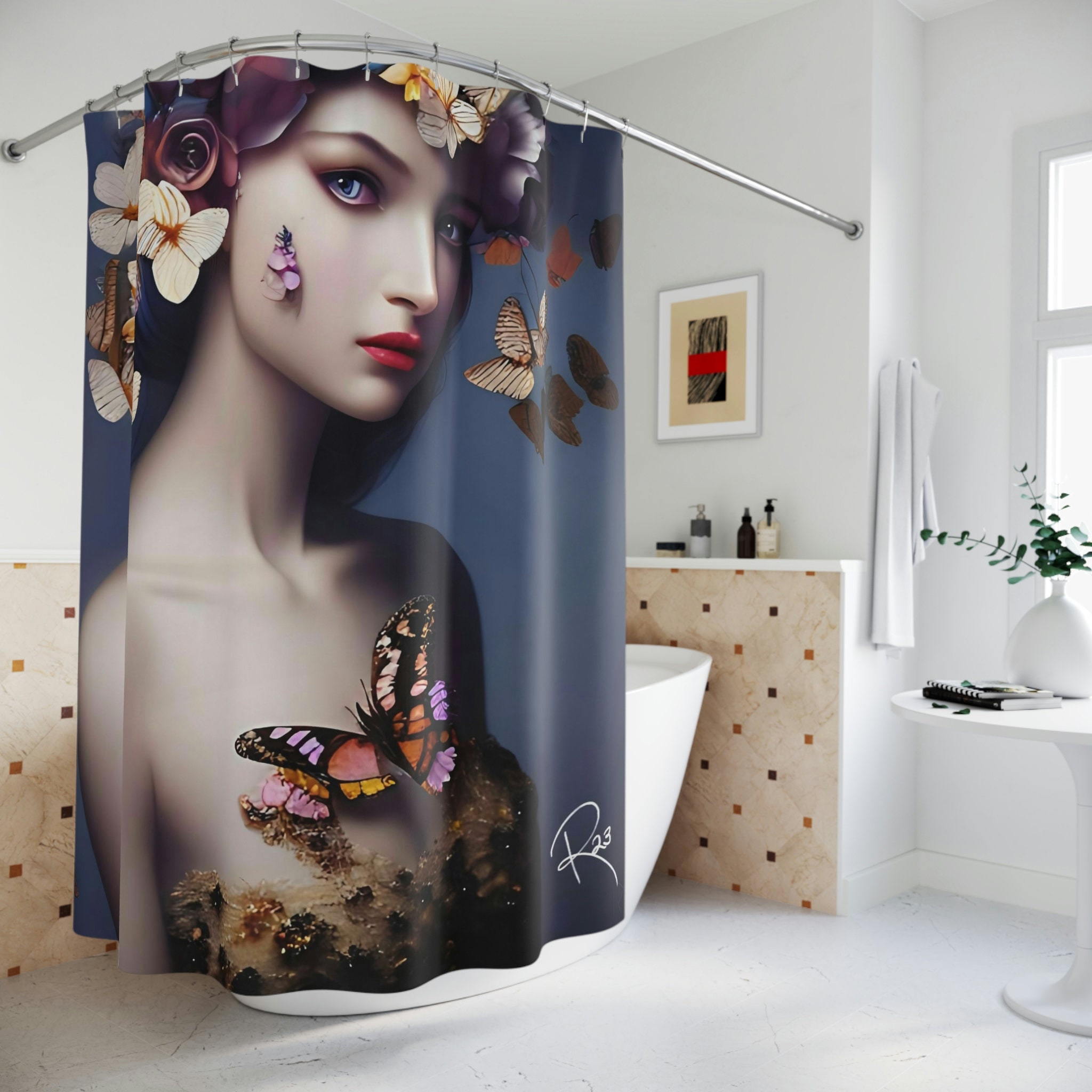 Butterfly Shower Curtain, Housewarming Gift For Her In Vintage Style