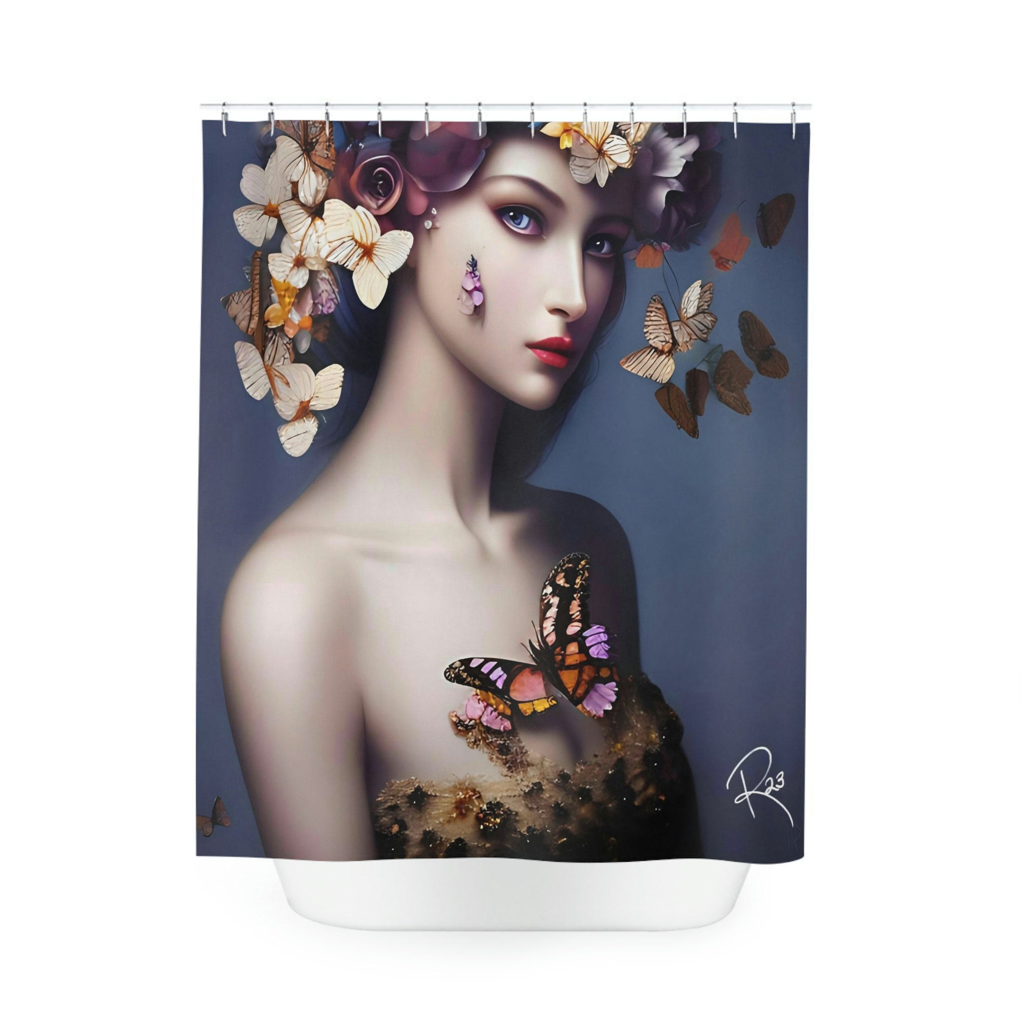 Butterfly Shower Curtain, Housewarming Gift For Her In Vintage Style