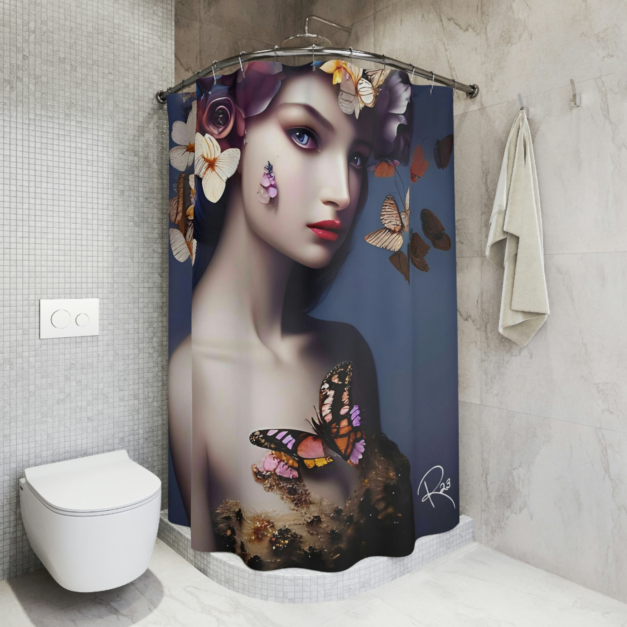 Butterfly Shower Curtain, Housewarming Gift For Her In Vintage Style