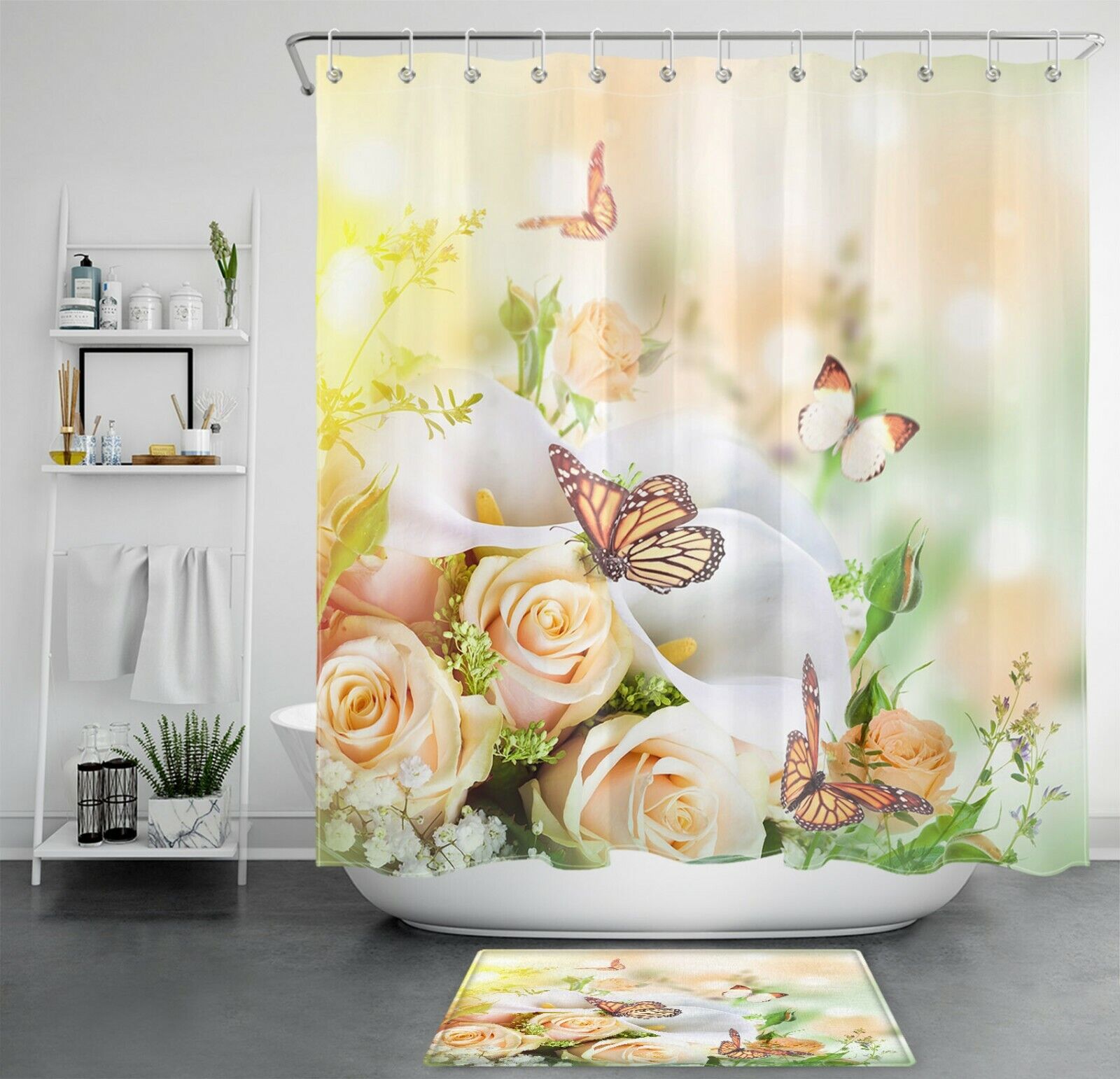 Butterfly Shower Curtain - Spring Flowers Bathroom Decor
