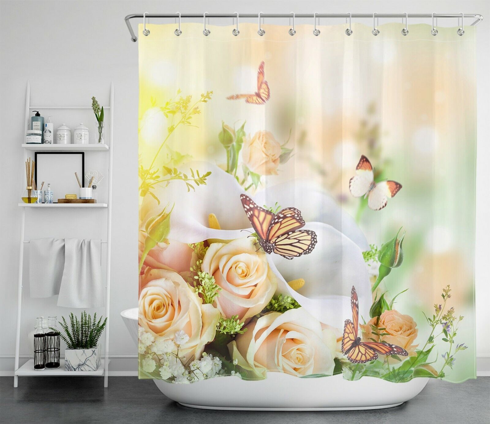 Butterfly Shower Curtain - Spring Flowers Bathroom Decor - Image 2