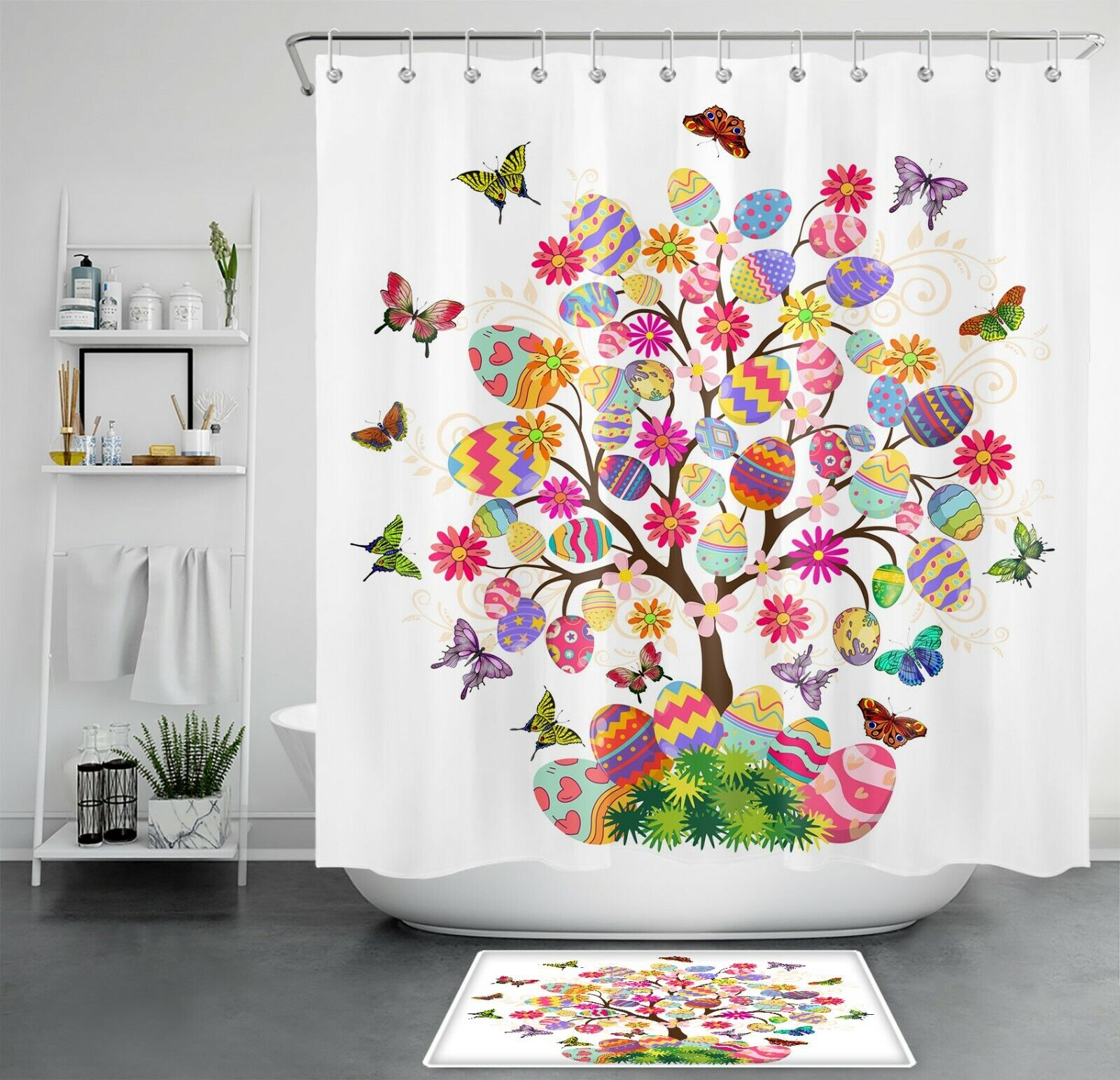 Butterfly Shower Curtain with Easter Eggs for Spring Bathroom