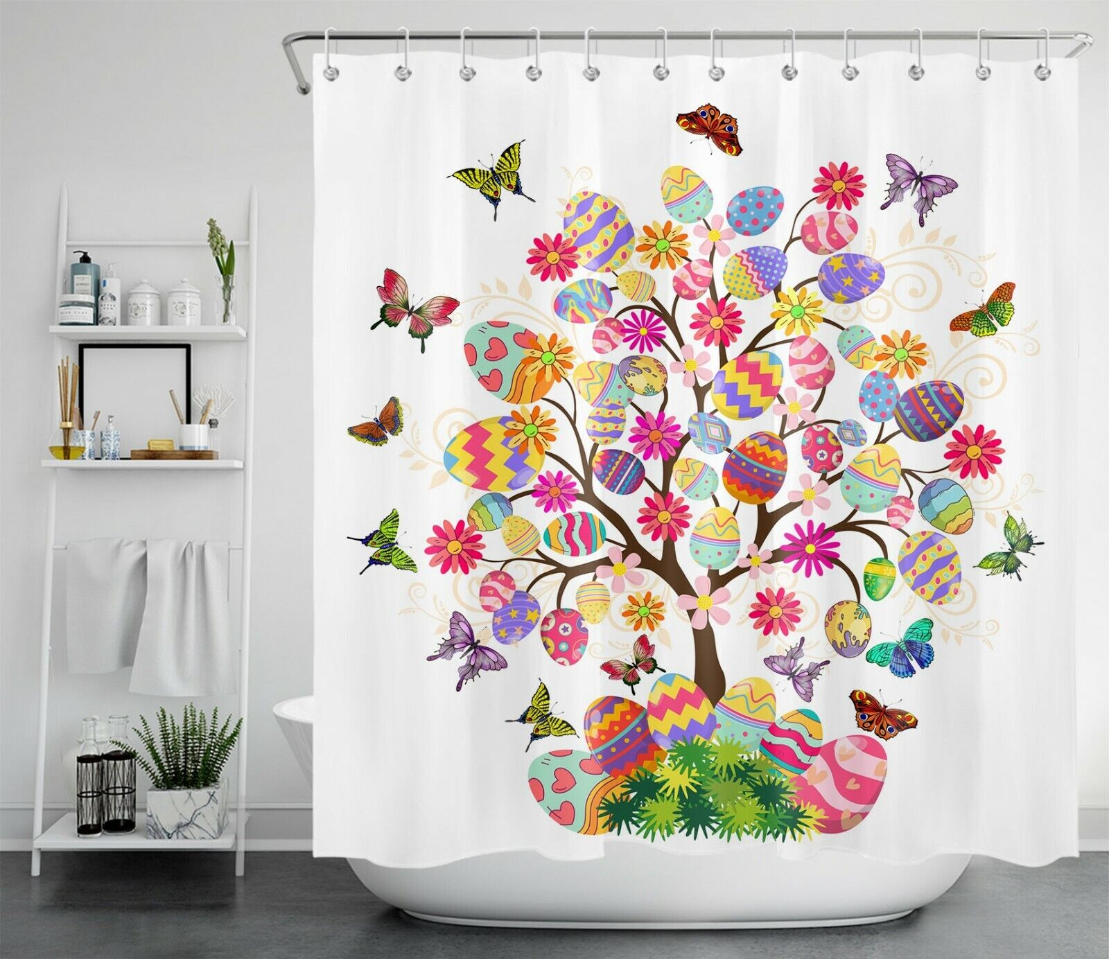 Butterfly Shower Curtain with Easter Eggs for Spring Bathroom