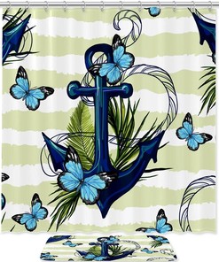 Butterfly Stripe Anchor Print Waterproof Shower Curtain For Bathroom