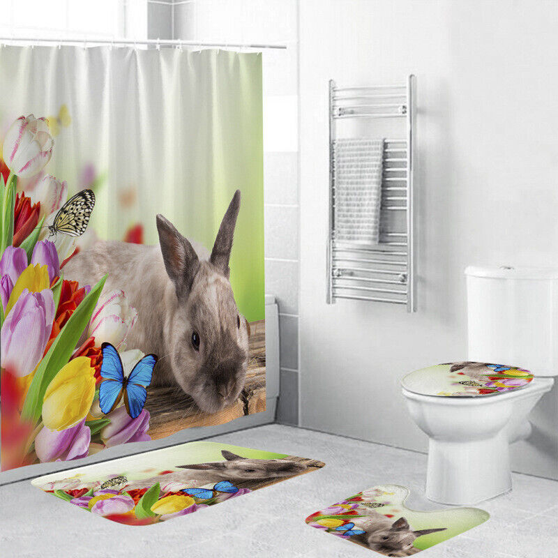 Butterfly Tulip Easter Rabbit Waterproof Shower Curtain For Bathroom Decor