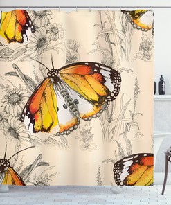 Butterfly Vintage Design Flower Orange Cream Bathroom Shower Curtain