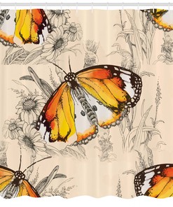 Butterfly Vintage Design Flower Orange Cream Bathroom Shower Curtain